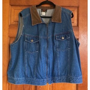 Truly Yours Womens 3X Blue Corduroy Trim Zip Up Denim Trucker Vest Barn Western